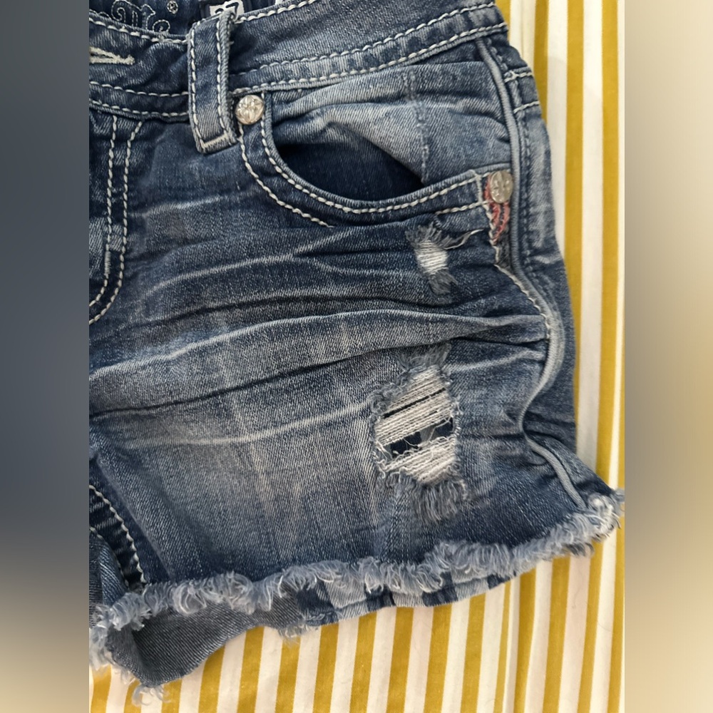 Miss Me  Mid-Rise Stretch “Patriotic” Distressed Blue Jean Shorts - Picture 4 of 11